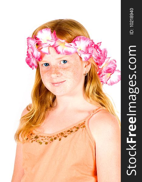 Girl with flower guirland on her head isolated on white