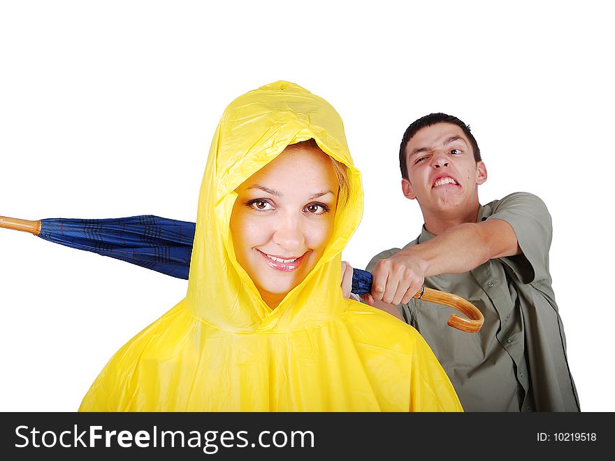 Male model about to hit female in yellow hood