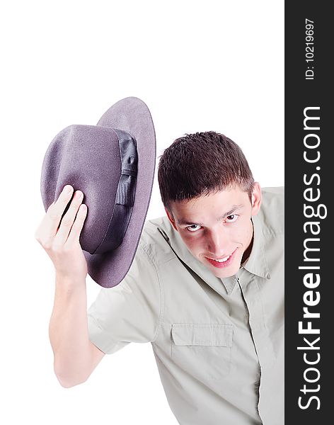 Young model is saluting with his hat above the head. Young model is saluting with his hat above the head