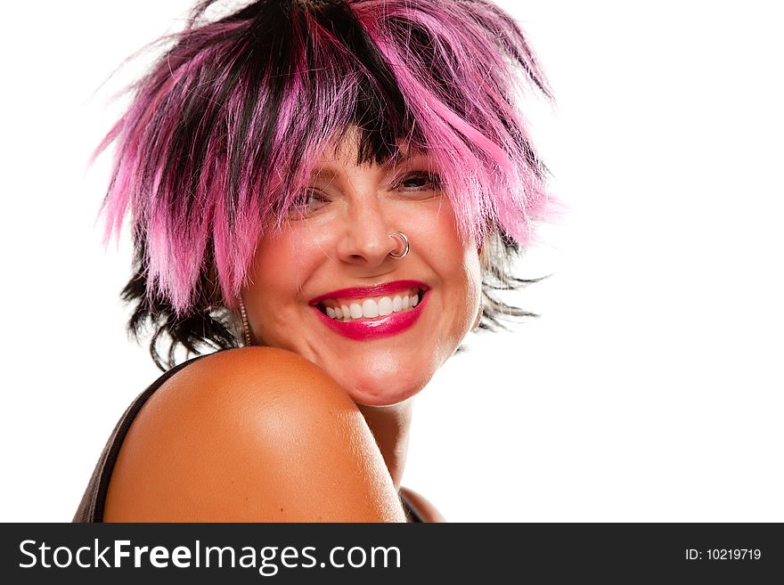 Pink And Black Haired Girl with Nose Ring Smiling Isolated on a White Background. Pink And Black Haired Girl with Nose Ring Smiling Isolated on a White Background.