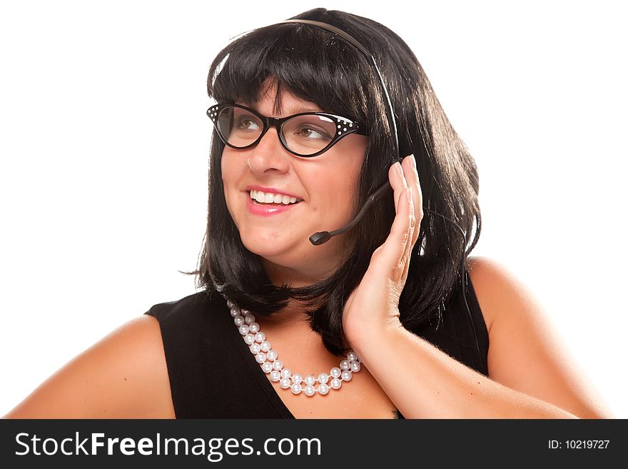 Black Haired Retro Receptionist Isolated on a White Background.