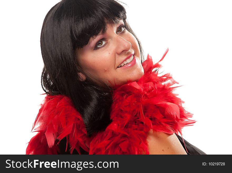 Pretty Girl Smiling with Red Feather Boa Isolated on a White Background. Pretty Girl Smiling with Red Feather Boa Isolated on a White Background.