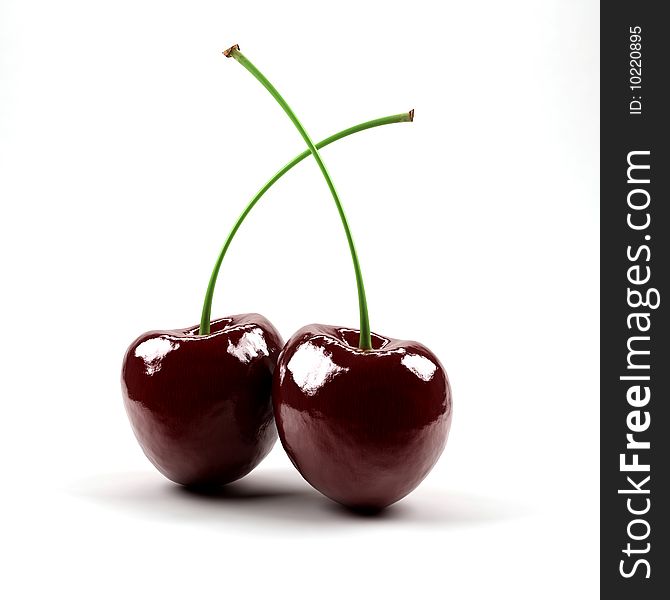 Two cherries against white background