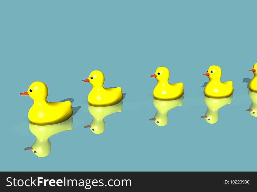 Rubber yellow duck family on water