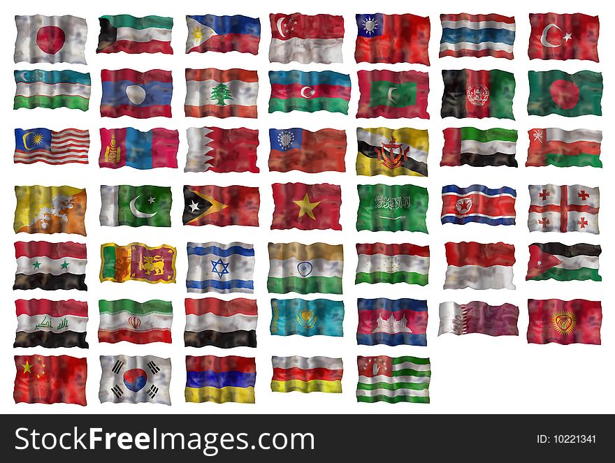 Set of Asia flags. Illustration over white background