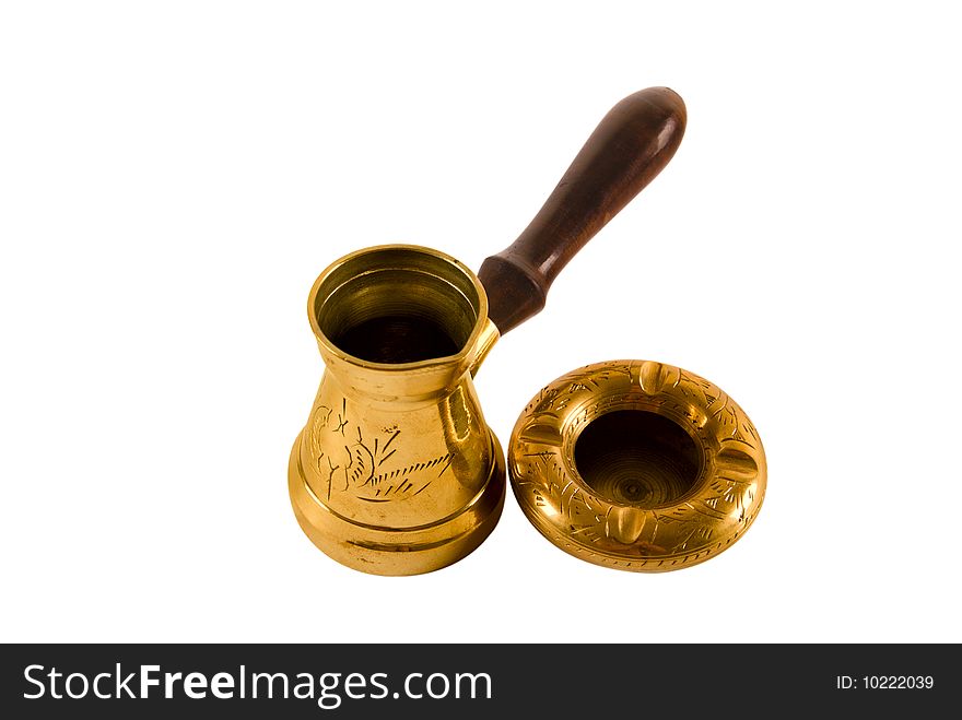 Traditional arab coffee maker and ash tray on white background