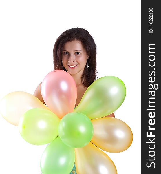 Cute young girl with balloons. Isolated on a white background