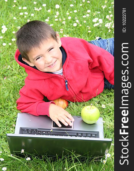 Cute little boy with laptop on a meadow. Cute little boy with laptop on a meadow