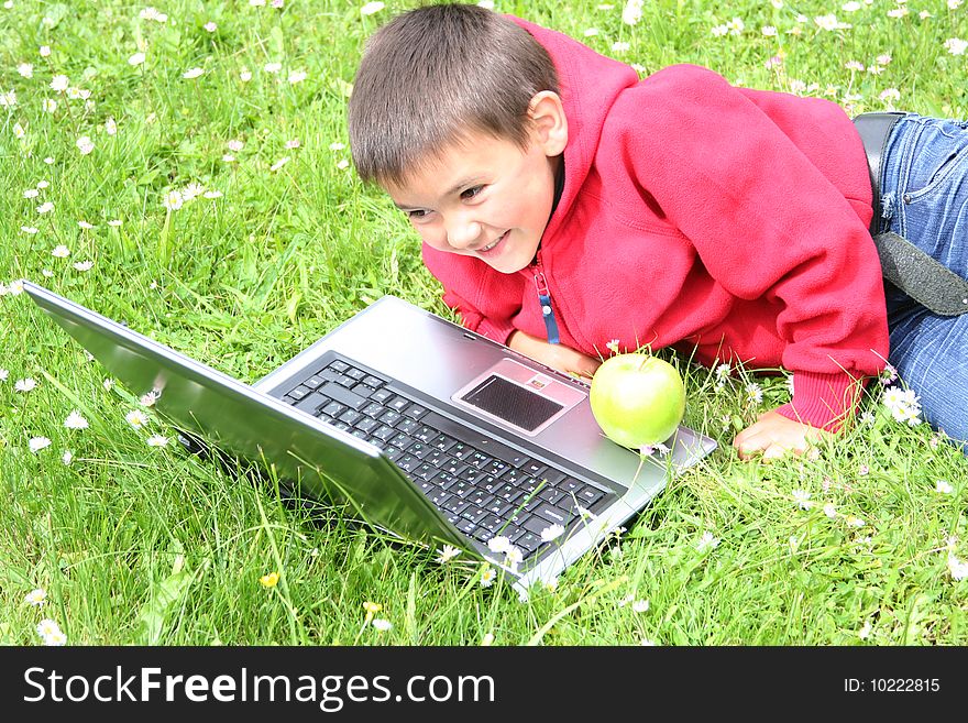 Cute little boy with laptop on a meadow