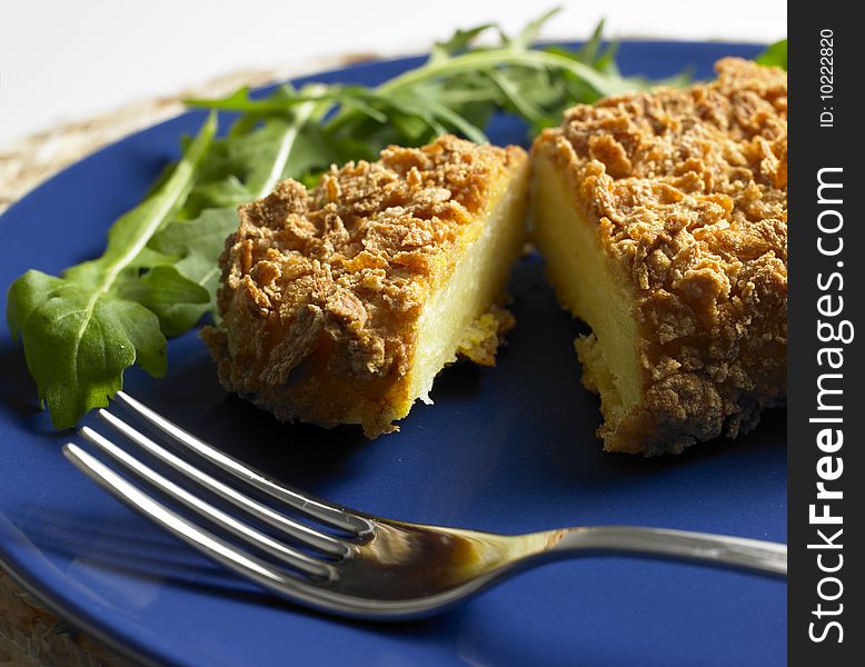 Still life of potato fillet in cornflakes