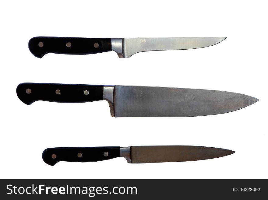 Three Metal knives isolated on white background