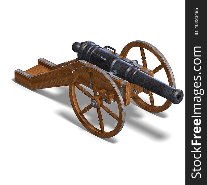 Field artillery cannon. 3D rendering with clipping path and shadow over white