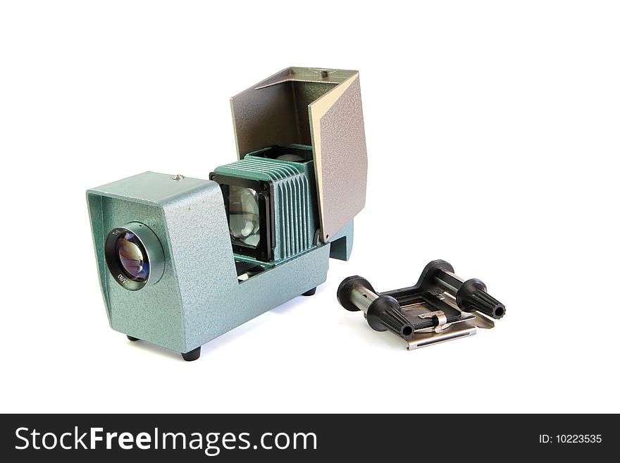 Vintage side projector with film holder isolated on white background