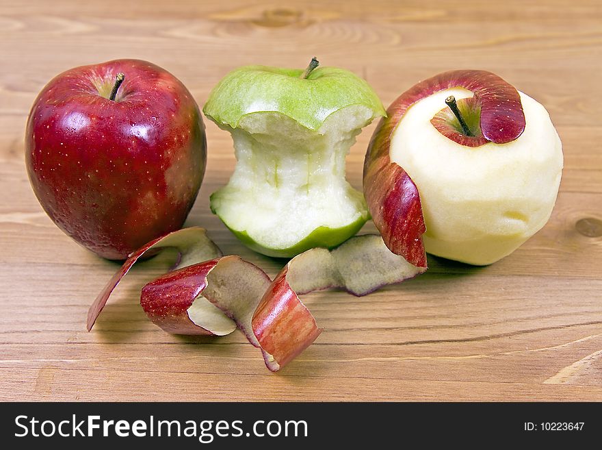 Before, after, during three stages of apples. Before, after, during three stages of apples