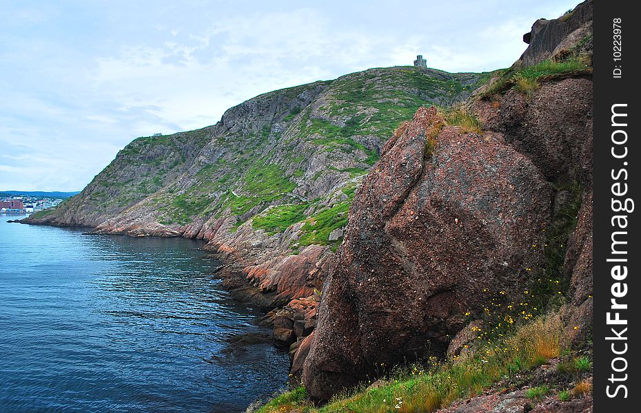 Scenic view of cliffs on ocean coastline. Scenic view of cliffs on ocean coastline.