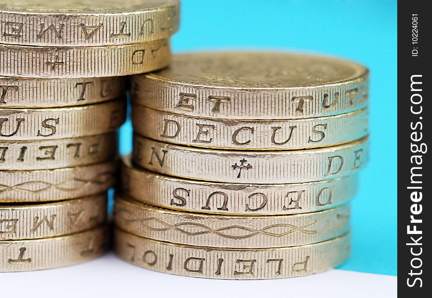 Close-up of stack of UK pound coins