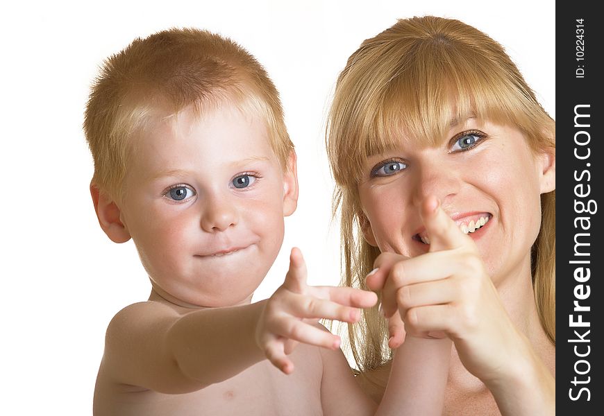 Young mum with the small son on a white background. Young mum with the small son on a white background