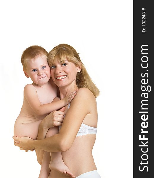 Young mum with the small son on a white background. Young mum with the small son on a white background