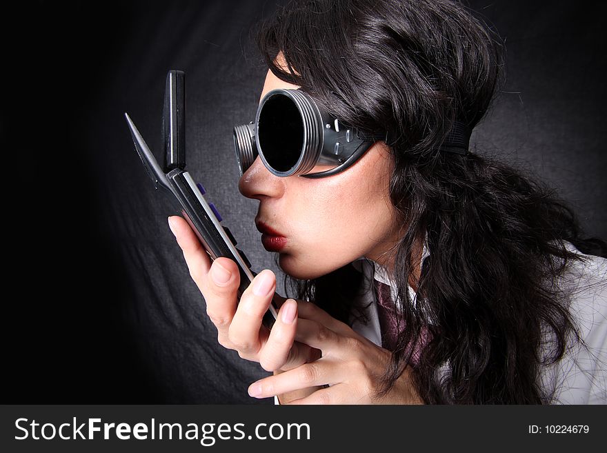 Accountant manager in glasses with calculator