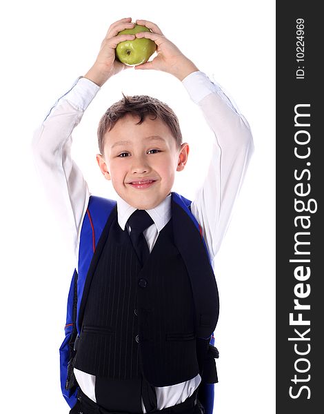 Schoolboy with backpack and apple. Schoolboy with backpack and apple