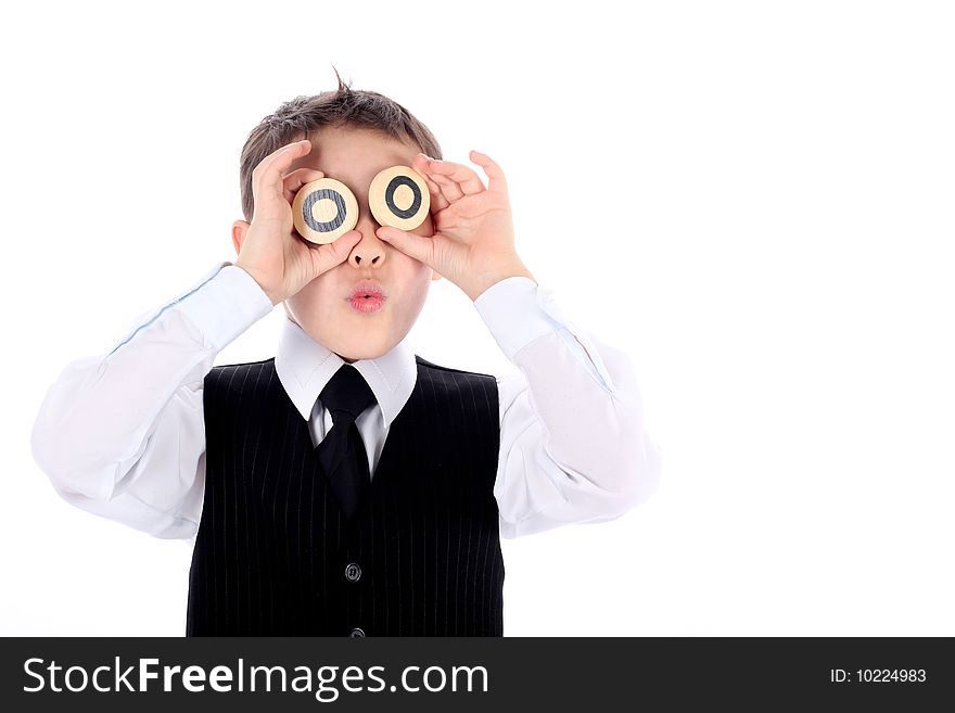 Schoolboy with wooden round isolated on white