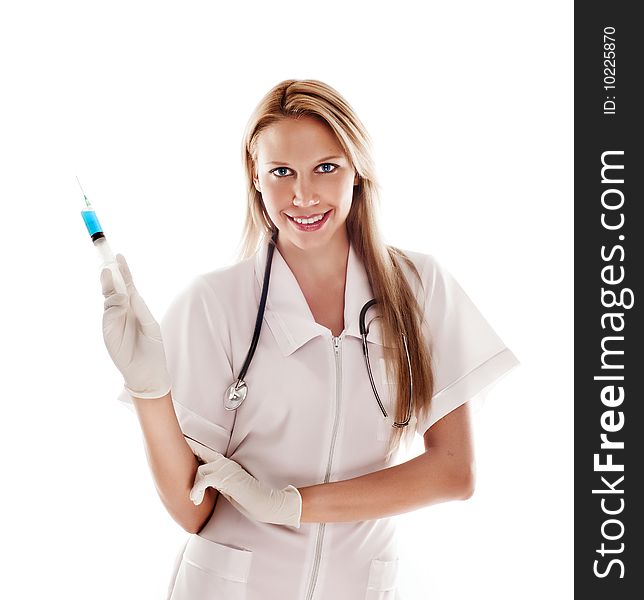 Smiling medical doctor with stethoscope. Isolated over white background