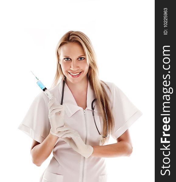 Smiling medical doctor with stethoscope. Isolated over white background