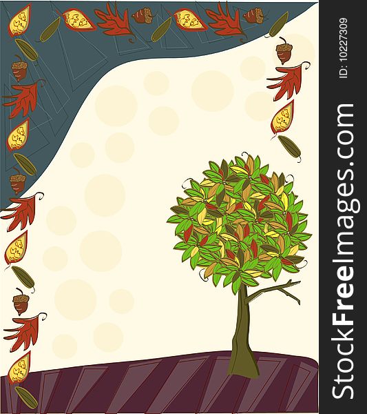 A fun and funky autumn background with a tree full of turning leaves and festive patterns.