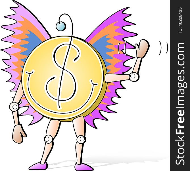 Smiling dollar coin with wings. Smiling dollar coin with wings