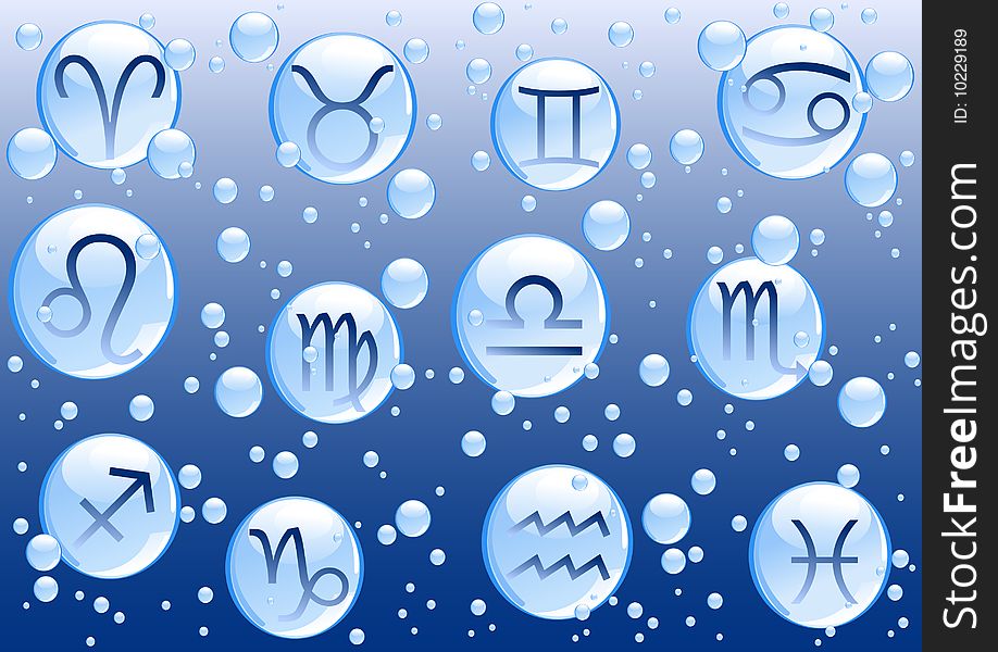 Blue bubbles with zodiac signs on blue background. Additional vector format in EPS (v.8). Blue bubbles with zodiac signs on blue background. Additional vector format in EPS (v.8).