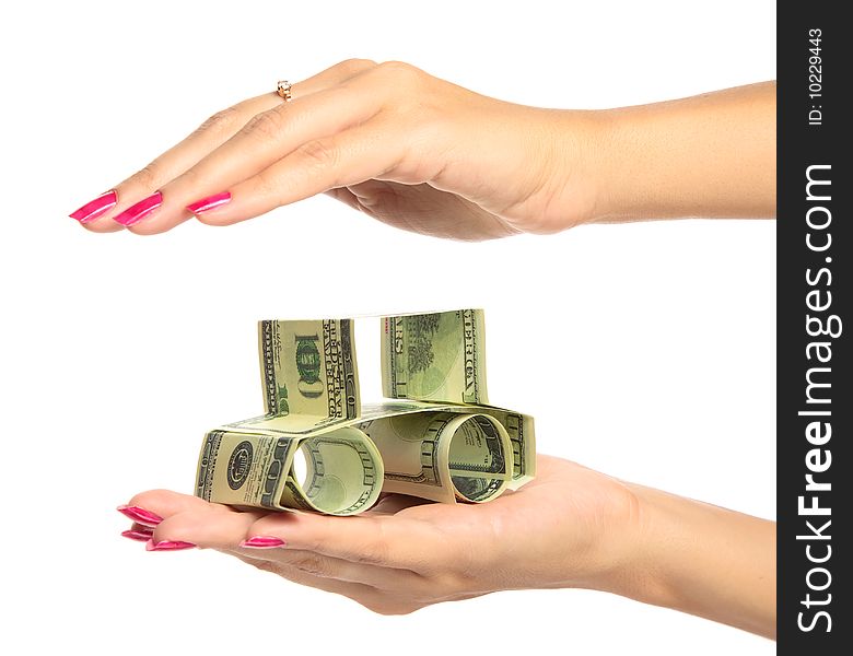 Woman hand Holding The car made of Dollars