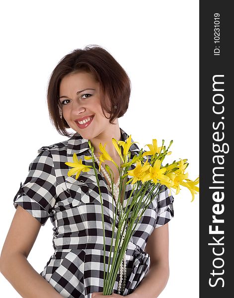 Pretty woman with yellow day-lily. White background. Pretty woman with yellow day-lily. White background