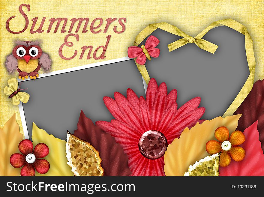 Framework for summer photos with an owl, leaves, florets, butterflies