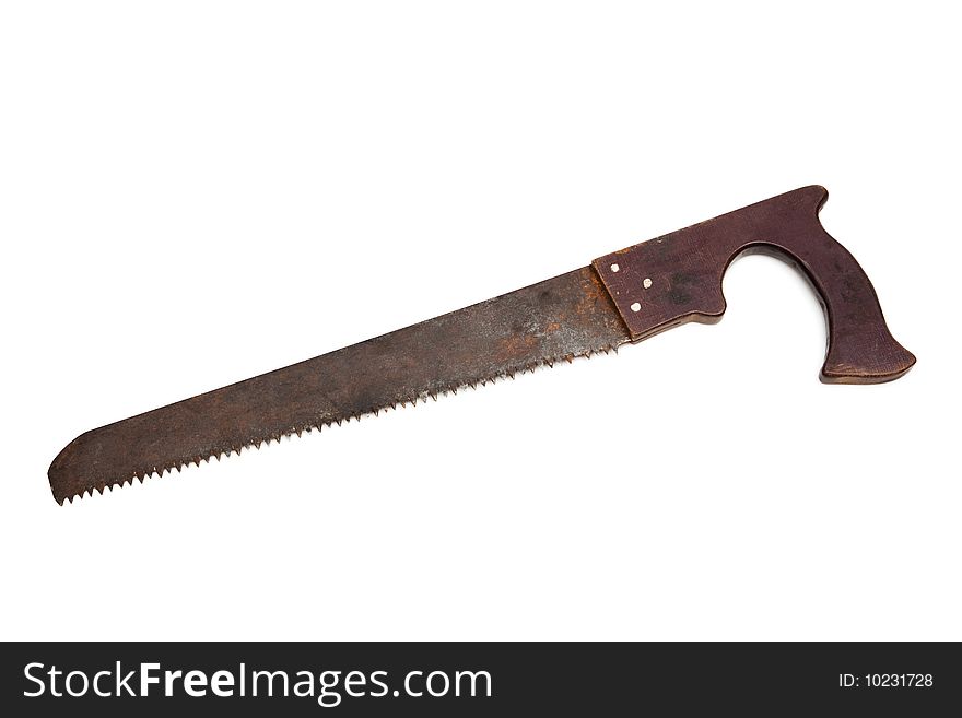 Old and rusty hacksaw on a white background