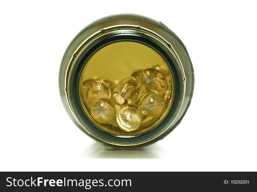 Round pills Bottle on white background