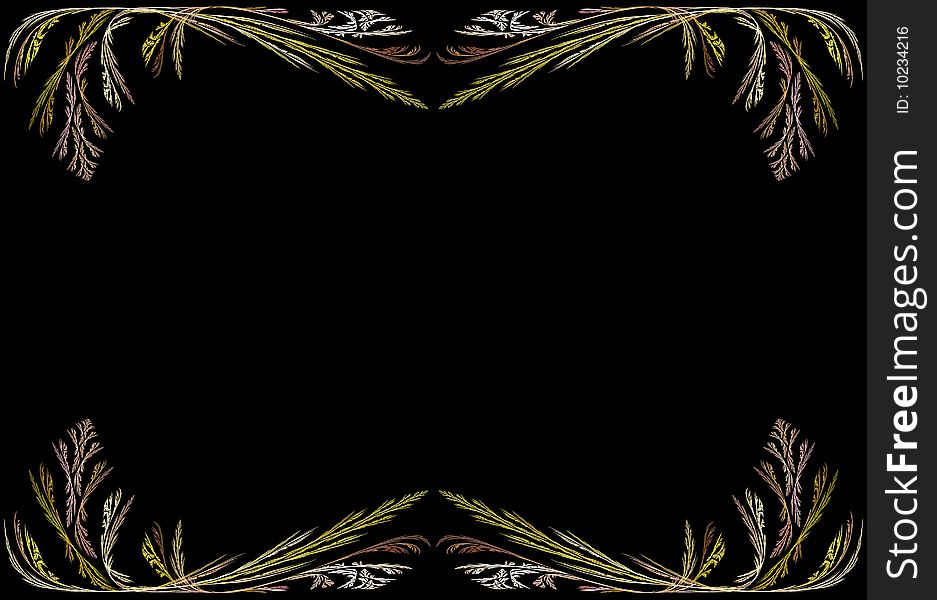 Leafy gold and pink fractal frame or border with black copy space. Leafy gold and pink fractal frame or border with black copy space.