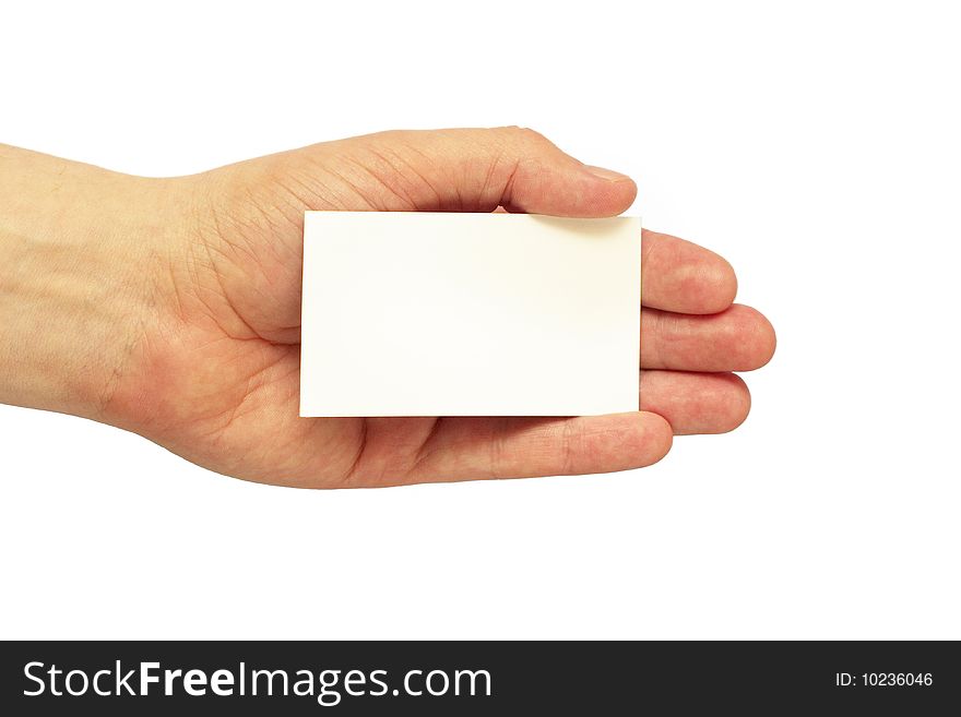 Empty business card in the hand isolated over white background