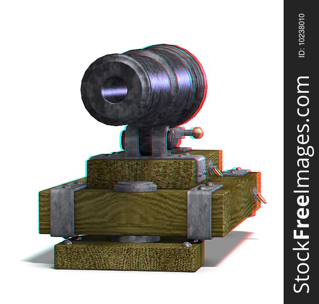 This is an anaglyph image / stereo rendering of a cannon. The 3d effect however is only visible with red-cyan-specs (red/blue-googles)