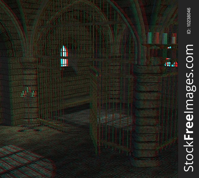 This is an anaglyph image / stereo rendering of a medieval prison cell. The 3d effect however is only visible with red-cyan-specs (red/blue-googles)