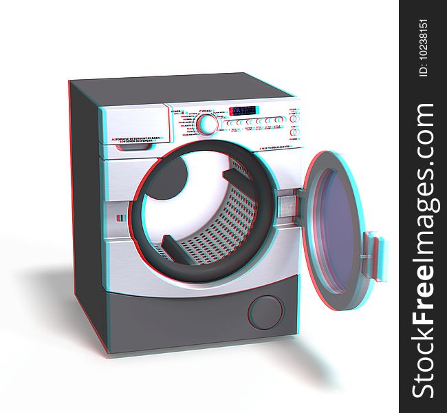 This is an anaglyph image / stereo rendering of a washing machine. The 3d effect however is only visible with red-cyan-specs (red/blue-googles)