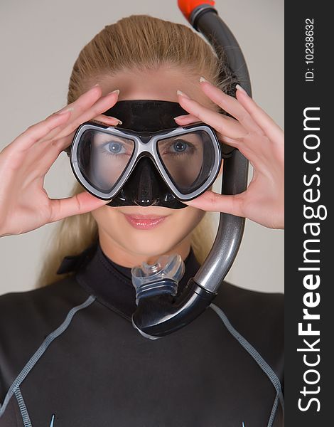 Closeup diver girl, studio shot