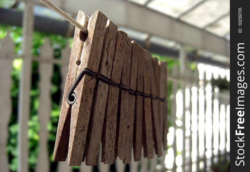 Wooden clothes-pegs arranged in a row.