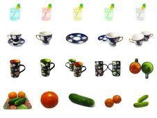 Fresh Vegetables, Glasses And Cups Icons Stock Images