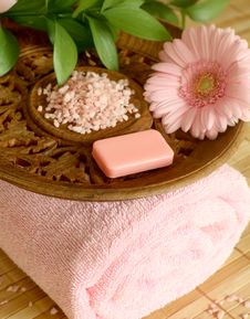 Towel, Soap, Bath Salt And Gerber. Stock Photography Towel, Soap, Bath Salt And Gerber. Stock Photography