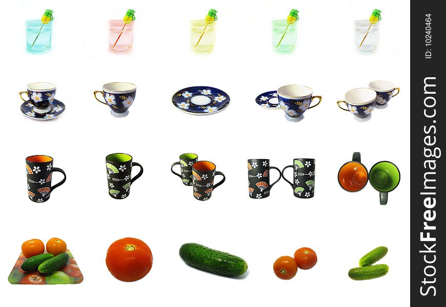 Fresh vegetables, glasses and cups icons