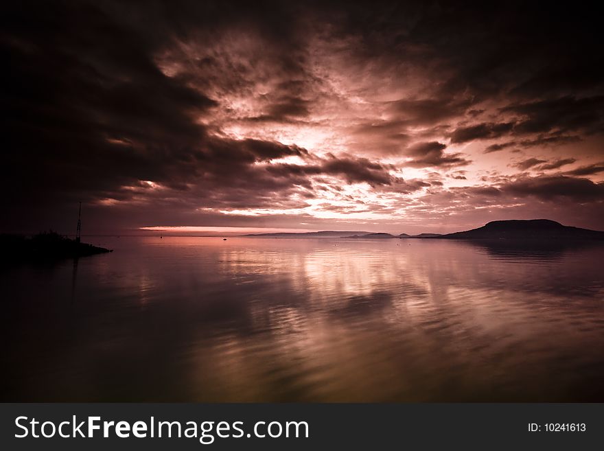 Sunset scene- lake Balaton-Hungary