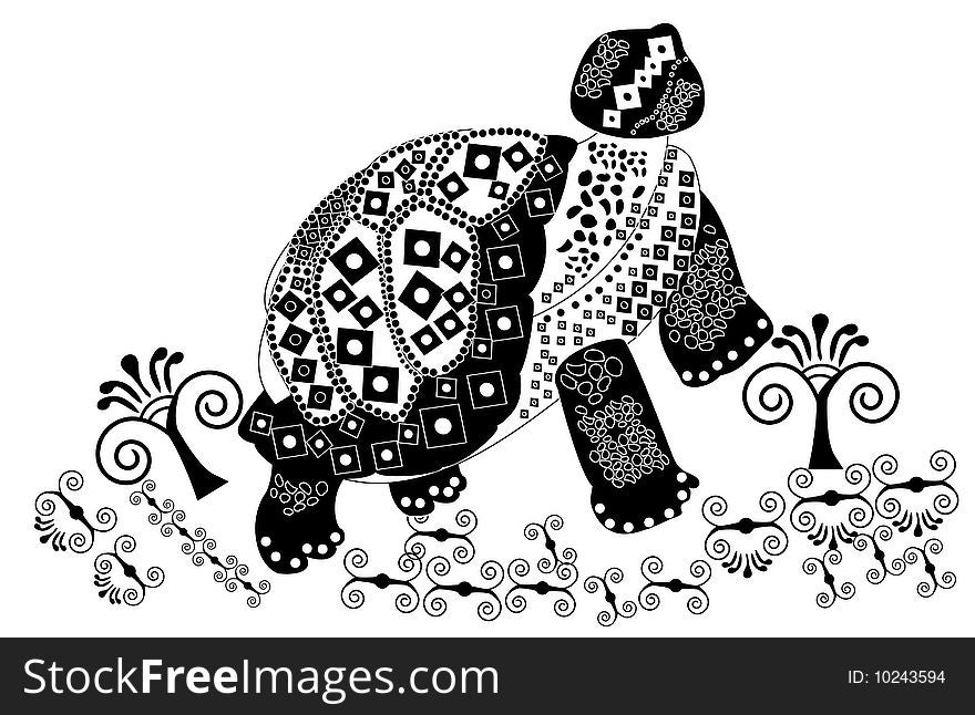 Patterned turtle of different elements in the ethnic style