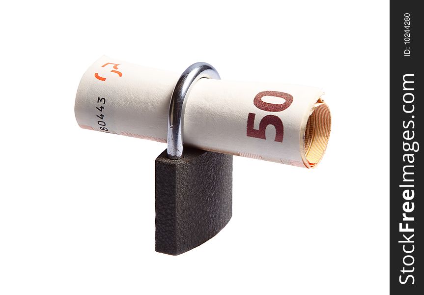A roll of 50 euro notes in a closed padlock, symbolising financial security. A roll of 50 euro notes in a closed padlock, symbolising financial security