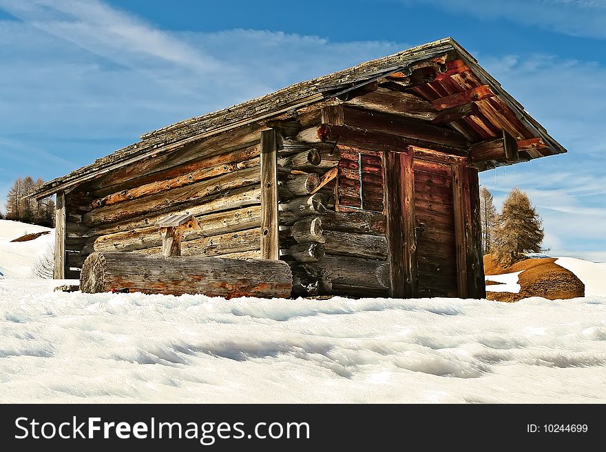 Mountain shed in winter scenery. Mountain shed in winter scenery.