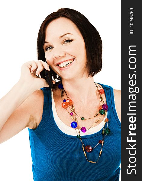 Portrait of a woman talking on a mobile phone isolated over white. Portrait of a woman talking on a mobile phone isolated over white